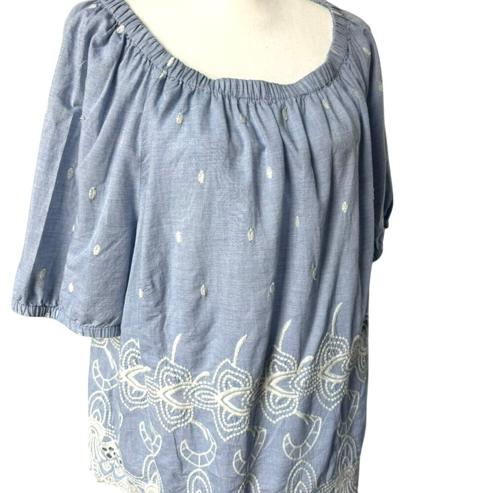 TALBOTS Women's 2Xโ Light Blue White Floral Embroidered Eyelet Cotton Tunic Top